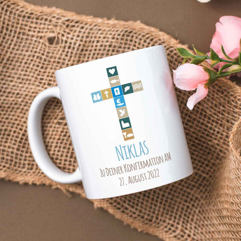 Bedruckte Tasse mit Motiv - Zur Konfirmation V2 mit Name & Datum