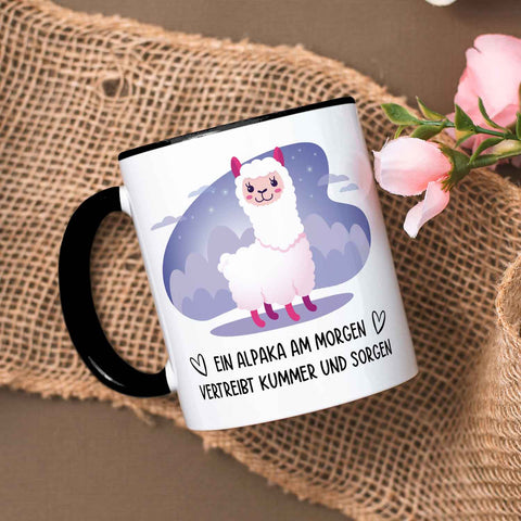 Bedruckte Tasse mit Spruch Alpaka am Morgen