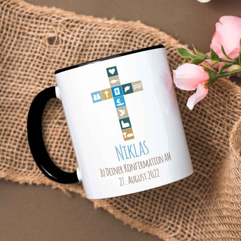 Bedruckte Tasse mit Motiv - Zur Konfirmation V2 mit Name & Datum