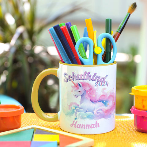 Bedruckte Tasse mit Einschulung magisches Einhorn Motiv - personalisiert mit Name