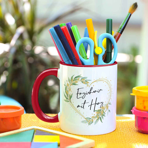 Bedruckte Tasse mit Spruch - Erzieherin mit Herz