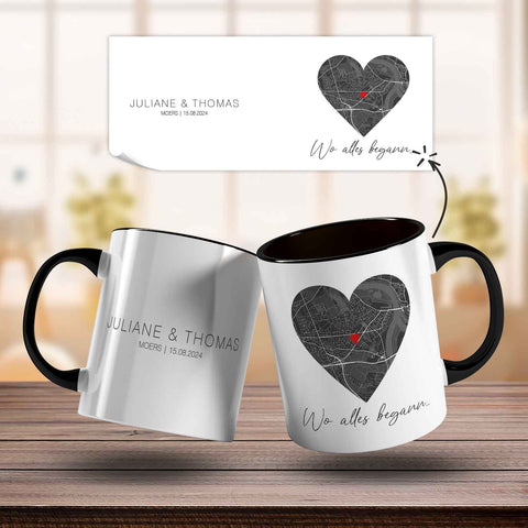 Bedruckte Tasse mit "Wo alles begann" Motiv - Personalisiertes Geschenk mit Wunschkoordinaten