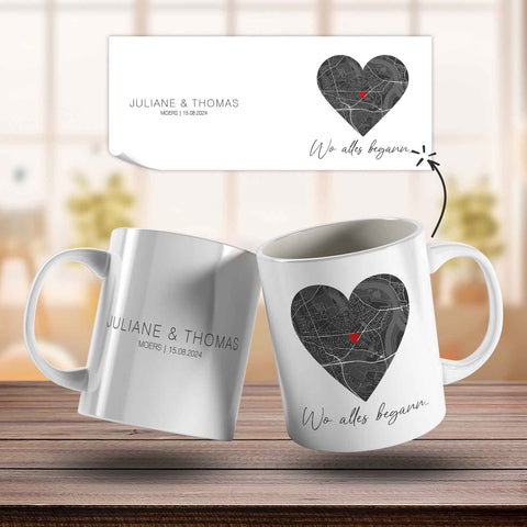 Bedruckte Tasse mit "Wo alles begann" Motiv - Personalisiertes Geschenk mit Wunschkoordinaten