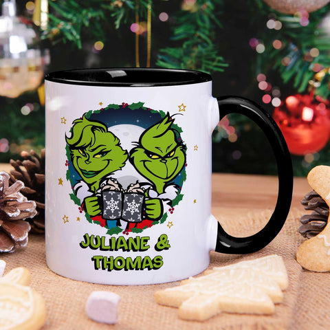 Bedruckte Tasse mit Weihnachtsmotiv - Grinch Paar mit Namen