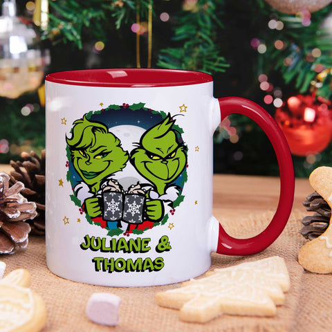 Bedruckte Tasse mit Weihnachtsmotiv - Grinch Paar mit Namen