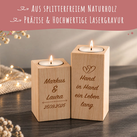 Graviertes Teelichthalter Set aus Holz im "Hand in Hand" Design