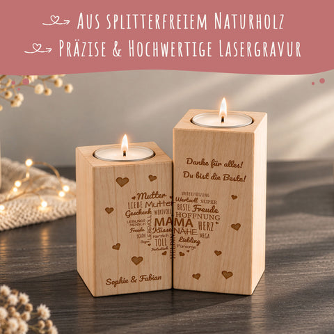 Gravierter Teelichthalter aus Holz im Set mit Namensherz Mama Design