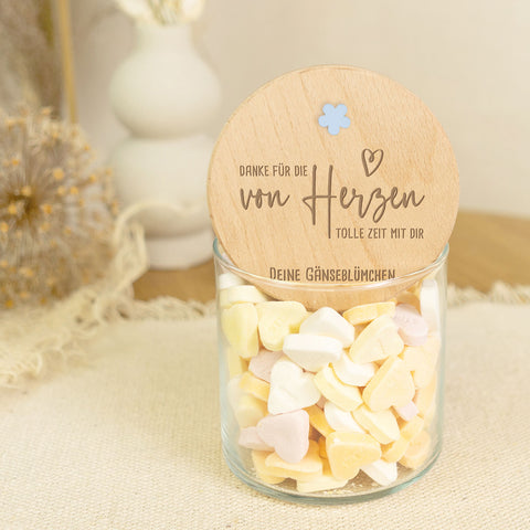 Graviertes Vorratsglas mit Holzdeckel - Danke von Herzen