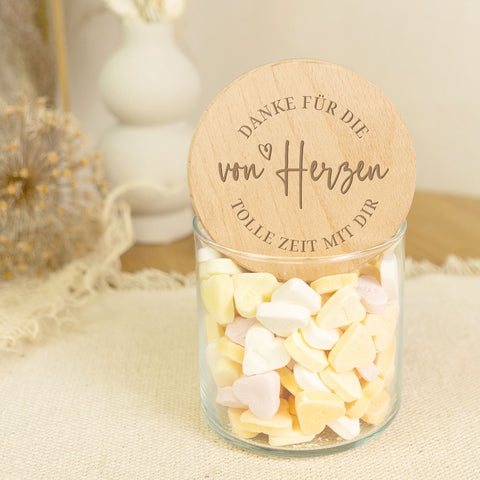 Graviertes Vorratsglas mit Holzdeckel - Danke von Herzen V2