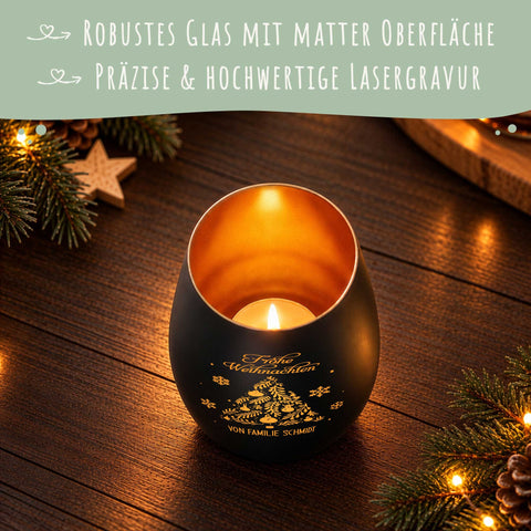 Deko Windlicht aus Glas mit Gravur - Frohe Weihnachten - Personalisiert mit Namen - Schwarz-Gold