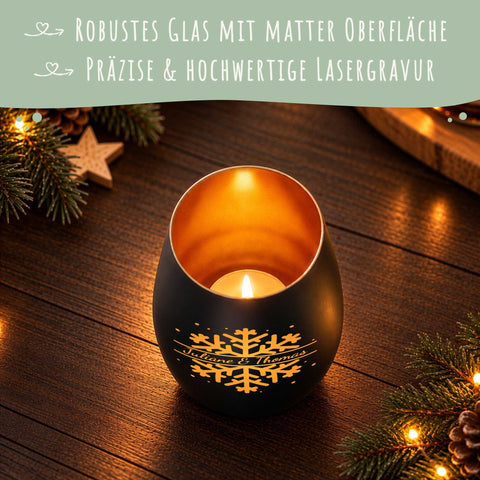 Deko Windlicht aus Glas mit Gravur - Schneeflocke - Personalisiert mit Namen - Schwarz-Gold