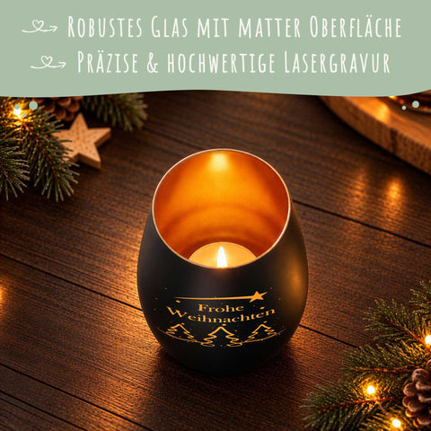 Deko Windlicht aus Glas mit Gravur - Tannenbaum - Frohe Weihnachten - Schwarz-Gold