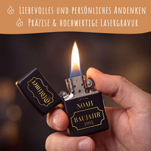 GRAVURZEILE x ZIPPO Personalisiertes Sturmfeuerzeug - Oldtimer - Windfest und Langlebig - Nachfüllbar