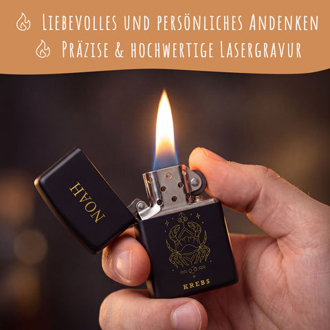 GRAVURZEILE x ZIPPO Personalisiertes Sturmfeuerzeug - Sternzeichen - Windfest und Langlebig - Nachfüllbar