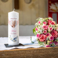 Große Kerze "Flügelherz" - Taufkerze mit Name, Datum, Wunschtext & Foto