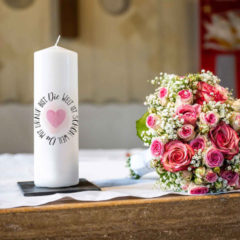 Bedruckte große Kerze "Die Welt ist schön" - Paarkerze zum Valentinstag