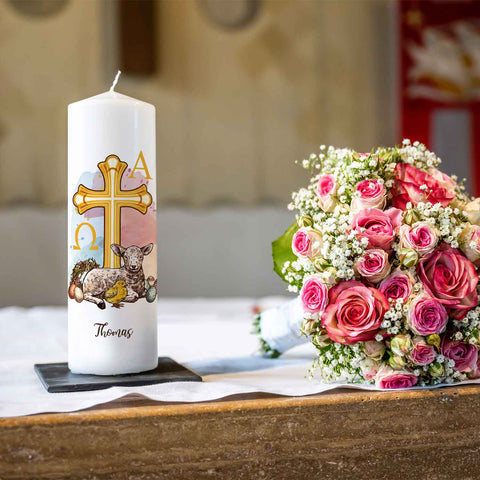 Große Kerze "Osterlamm" mit Namen zu Ostern