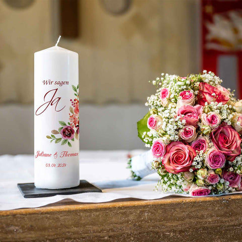 Große Kerze "Wir sagen Ja" - Hochzeitskerze mit Namen, Datum und Wunschtext