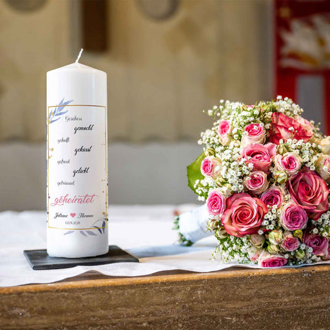 Große Kerze "Gesehen gemocht gehofft" Hochzeitskerze mit Namen, Datum und Wunschtext