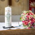 Große Kerze "Eukalyptus Kreuz" - Taufkerze mit Namen, Datum & Taufspruch