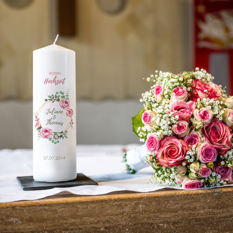 Große Kerze "Rosenhochzeit" - Hochzeitskerze mit Namen, Datum & Wunschtext