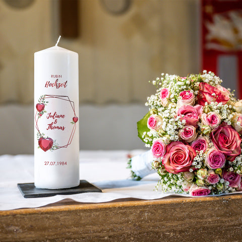 Große Kerze "Rubinhochzeit" - Hochzeitskerze mit Namen, Datum & Wunschtext