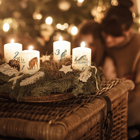 Kleine Kerzen - Advent Wintertiere Aquarell - Adventskerzen im 4er Set