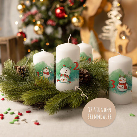 Kleine Kerzen "Advent Schneemann" - Adventskerzen im 4er Set