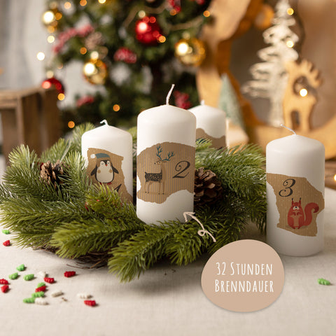 Kleine Kerzen "Advent Tiere Vintage" - Adventskerzen im 4er Set