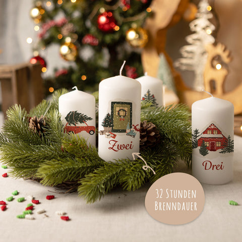 Kleine Kerzen "Advent Weihnachtsmotive" - Adventskerzen im 4er Set