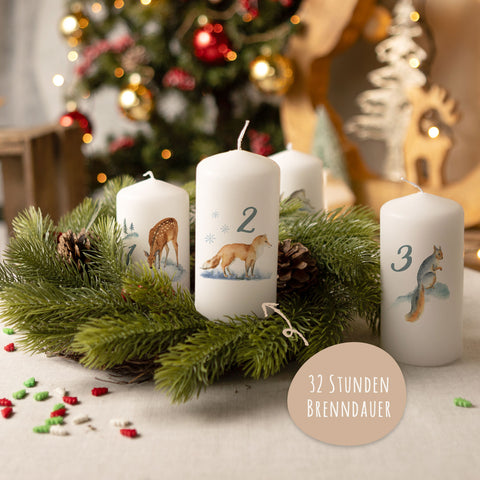 Kleine Kerzen "Advent Wintertiere Aquarell" - Adventskerzen im 4er Set