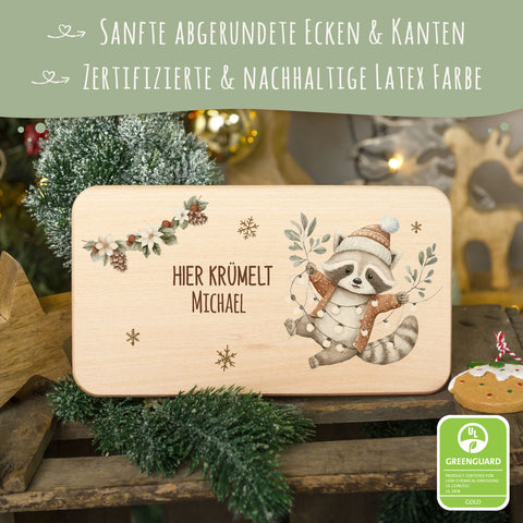 Frühstücksbrettchen zu Weihnachten - Waschbär - personalisiert mit Name
