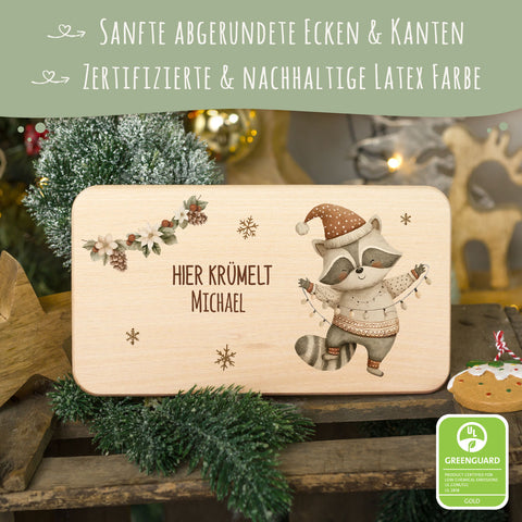 Frühstücksbrettchen zu Weihnachten - Waschbär - personalisiert mit Name