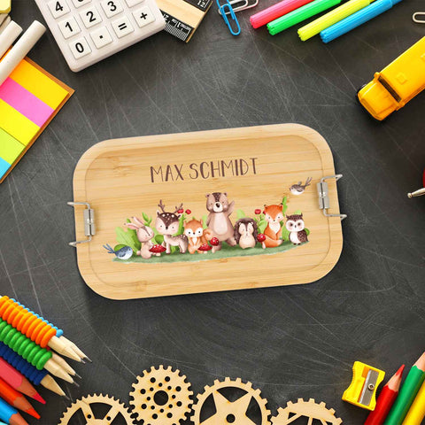 Brotdose mit Deckel für Kinder mit UV-Druck im "Tiergruppe Waldtiere" Design