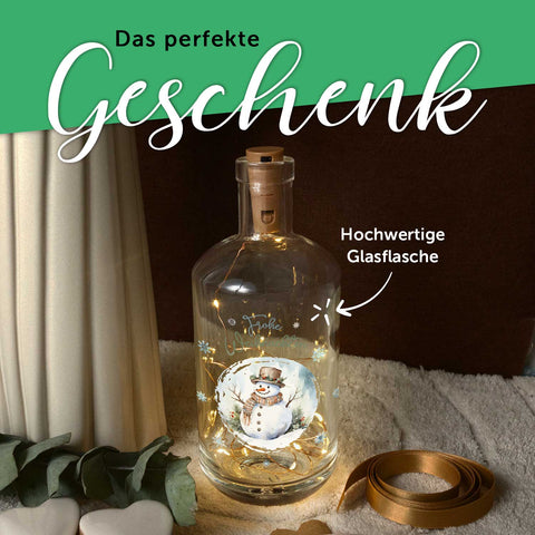 Flaschenlicht mit LED-Lichterkette und UV Druck - Schneemann Design - Weihnachtsdekoration