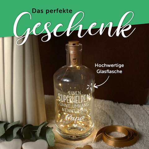 Flaschenlicht mit LED-Lichterkette und Gravur "Superheld Papa"