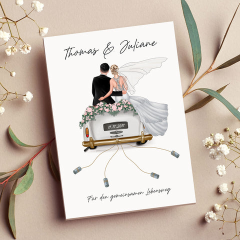 Holzschild Hochzeitsauto - Umfangreich anpassbares Geldgeschenk zur Hochzeit
