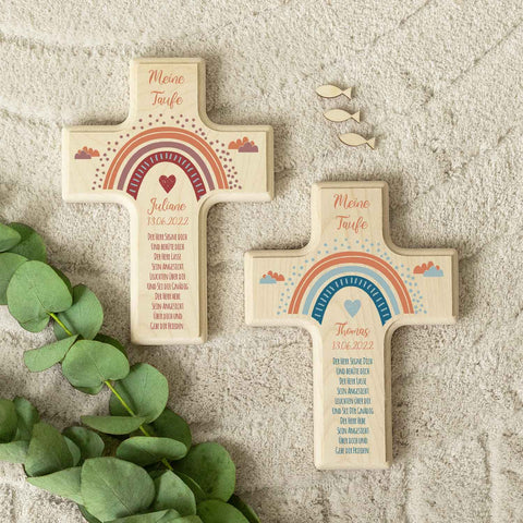 Personalisierbares Holzkreuz zur Taufe Konfirmation oder Kommunion - Regenbogen Design