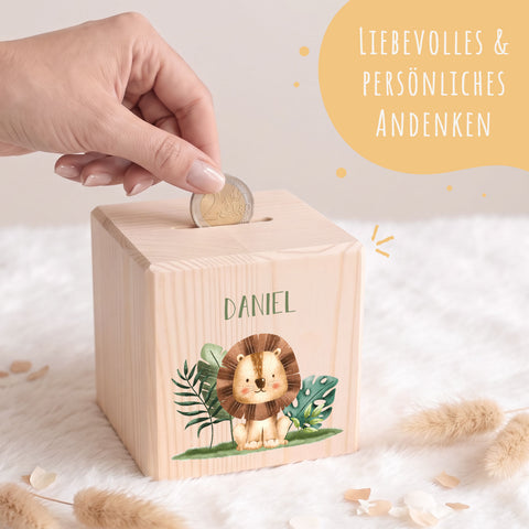 Spardose aus Holz - Safari Tiere