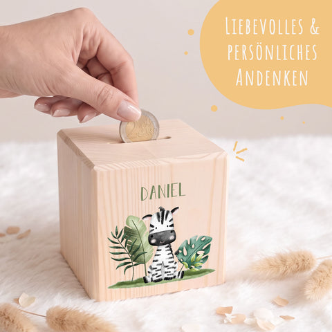 Spardose aus Holz - Safari Tiere