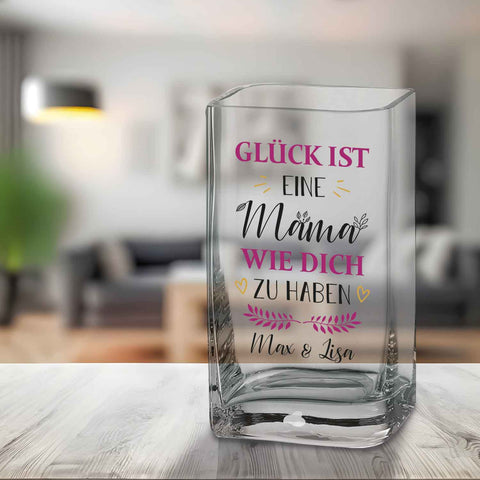 Blumenvase mit UV Druck - Glück ist - Personalisiert mit Namen - Deko Vase als Geschenk