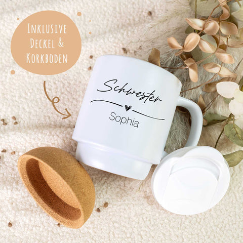 Bedruckte Tasse mit Korksockel & Deckel - Wunschtext V1