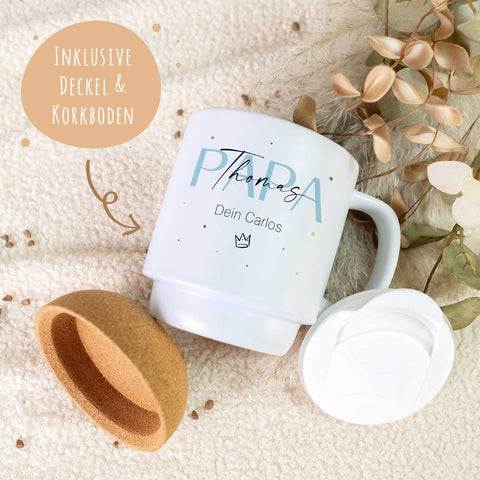 Bedruckte Tasse mit Korksockel & Deckel - Wunschtext V2