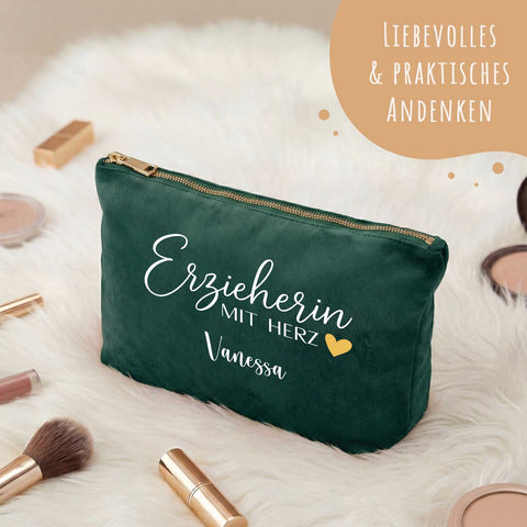 Personalisierte Samt Kosmetiktasche - Erzieherin mit Herz