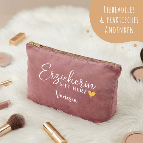 Personalisierte Samt Kosmetiktasche - Erzieherin mit Herz