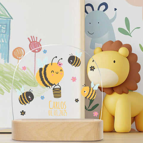 Kinder LED Nachtlicht mit Sockel aus Holz im Biene Design