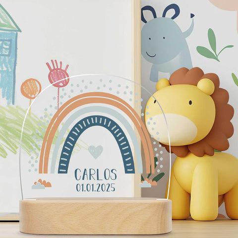 Kinder LED Nachtlicht mit Sockel aus Holz im Regenbogen Design