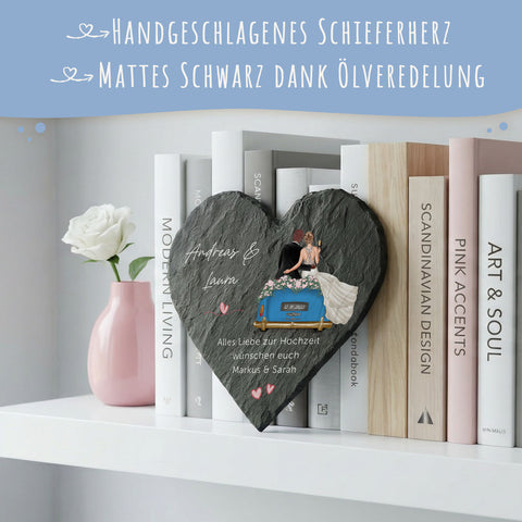 Bedrucktes Schieferherz - Hochzeitsauto - Personalisiertes Geschenk