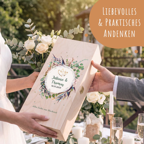 Leonardo Sektgläser mit Gravur als Set - "Flower Wedding" Design inkl. bedruckter Holzkiste