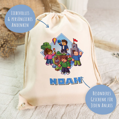Turnbeutel mit Kindermotiv  - Blockhelden - für Kinder